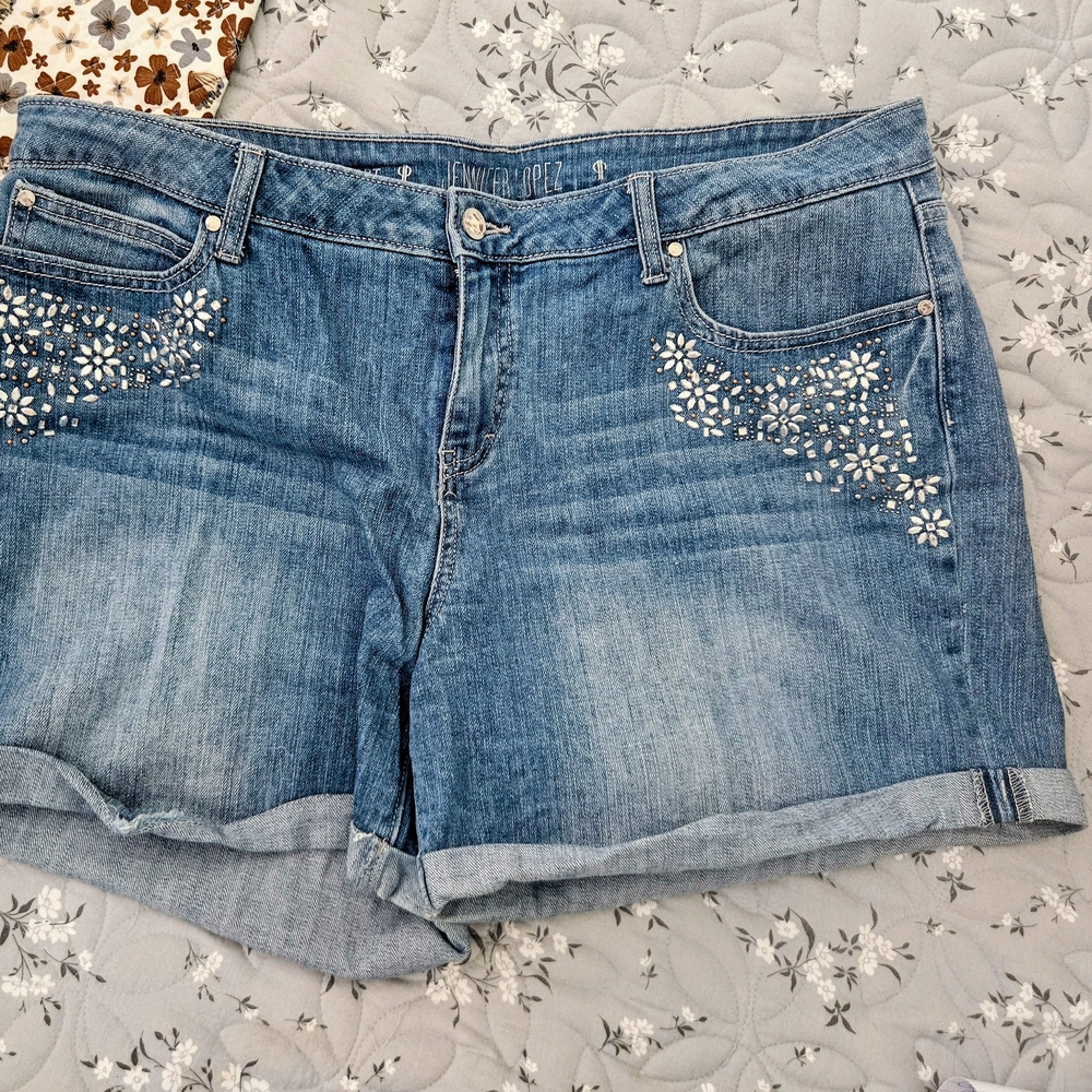 Jennifer Lopez Blue Denim Jean Shorts with Bling